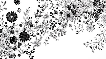 Black and white floral pattern with berries, leaves and flowers