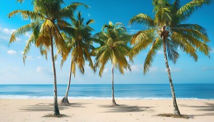 Obraz premium Tropical Paradise: Serene Beach with Palm Trees, Crystal Clear Ocean, and Sunny Skies
