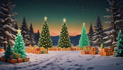 Naklejka premium Vibrant Christmas Background with Bright Neon Lights Shaping Trees and Presents