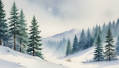 Fototapeta premium Delicate Watercolor Winter Landscapes Featuring Blurred Snowflakes and Pine Trees