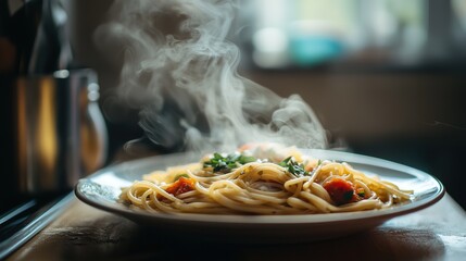 A steaming plate of pasta garnished with herbs and tomatoes, capturing a warm, inviting culinary scene.