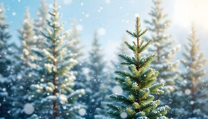 Delicate Watercolor Winter Landscapes with Blurred Snowflakes and Pine Trees