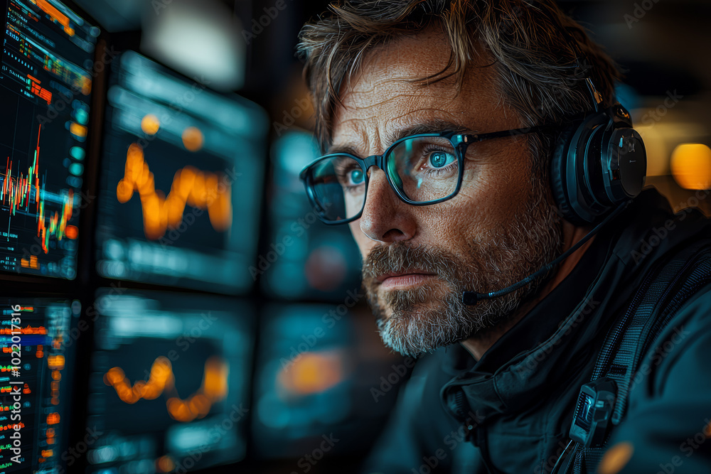 Poster traders analyzing market data on multiple computer screens, searching for patterns that could influe