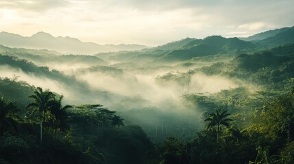 A breathtaking view of a misty valley surrounded by lush green mountains and palm trees at sunrise.