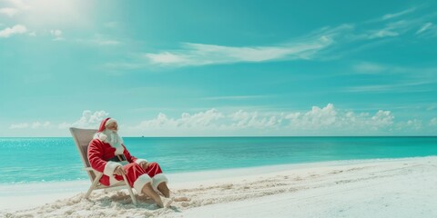 Santa Claus is relaxing on a beach vacation, enjoying the sun and leisurely passing time by the ocean. Hes peacefully resting on the sandy shore, soaking in the warm sunshine and tranquil atmosphere