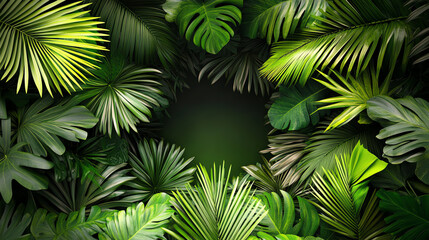 Lush tropical foliage with a vibrant mix of green leaves creating a natural framed backdrop, ideal for nature-themed designs and presentations.