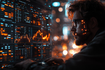 A trader using algorithmic trading to execute stock transactions at high speed, showing the role of technology in modern finance. Concept of technology.