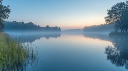 Obraz premium A calm lake at dawn with a light mist rising over the water, reflecting trees and the pastel-colored sky