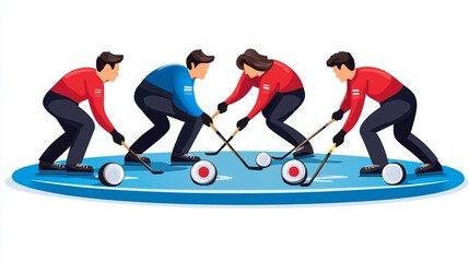 Fototapeta premium A dynamic vector illustration of four players in a competitive ice hockey match. Two teams, represented by blue and red uniforms, are seen engaged in a game on ice.