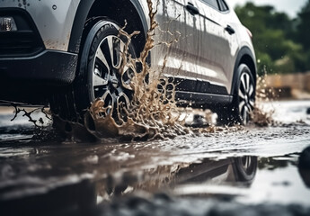 Detail of a car tire on a road flooded by rainwater