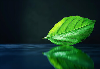Green leaf on a reflective surface minimalist black background