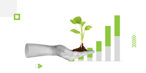 Ecological progress and green energy. A hand holds a growing plant above a growing bar graph...