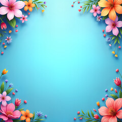 Holiday illustration. Vibrant, blue background adorned with a variety of colorful flowers and leaves, creating a floral border around a central, empty space.