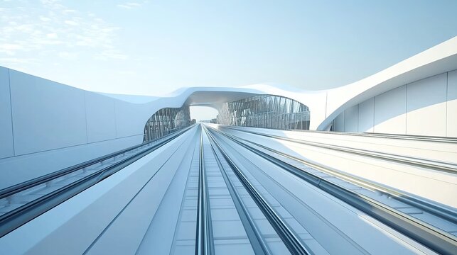 A sleek, modern railway design with white structures and linear tracks extending into the distance under a bright sky.