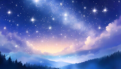 A serene twilight sky filled with twinkling stars and soft clouds above a tranquil landscape at dusk