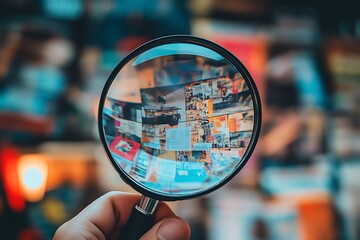 Magnifying glass focusing on colorful blurred background, concept for research, investigation, discovery, and analysis