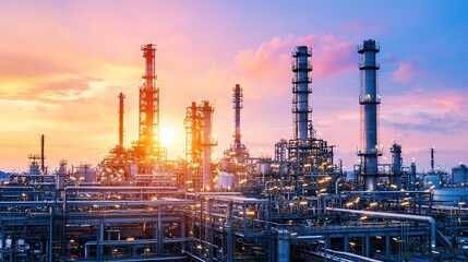 Obraz premium A vibrant oil refinery at sunset, showcasing tall stacks, pipes, and industrial structures against a colorful sky.