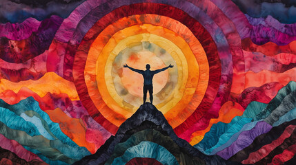 Silhouette of a person on a mountain against a vibrant rainbow backdrop, artistic expression