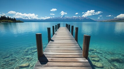 Serene Dock at Calm Lake with Mountain View