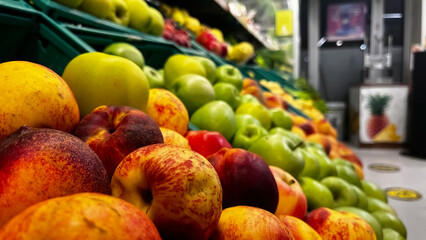Fresh fruit and vegetables in the aisle at the market.