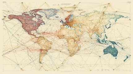 A colorful vintage map detailing global geography with various regions highlighted in different hues.