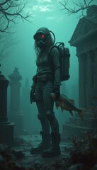 Fototapeta premium girl zombie dressed in scuba gear, holding a fish, standing awkwardly in front of a spooky underwater-themed graveyard.