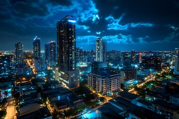 Obraz premium Night Cityscape with Skyscrapers and Blue Sky
