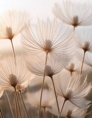 Ethereal dandelion seeds captured in a soft glow, embodying the delicate art of nature. Generative AI.
