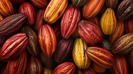Fototapeta premium Close up of cocoa fruit background, top view. Photorealistic high resolution macro photography for advertising or food design