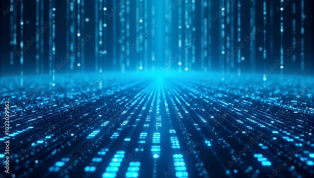 Wall mural binary code matrix background, perspective view with depth of field, technology futuristic blue back