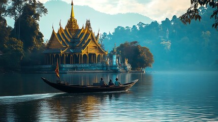 Scenic landscape of a golden temple by a tranquil lake with a boat