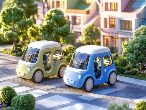 Colorful mini electric cars on a city street with lush greenery and modern buildings. Eco-friendly transportation concept.