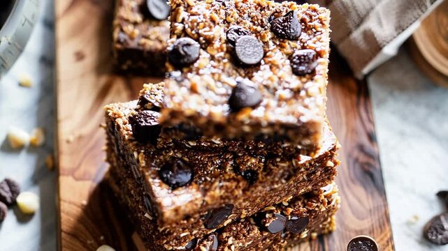 Stack of delicious and chewy oatmeal chocolate chip bars are sitting on a wooden cutting board. Chocolate chips and oats are scattered around the cutting board