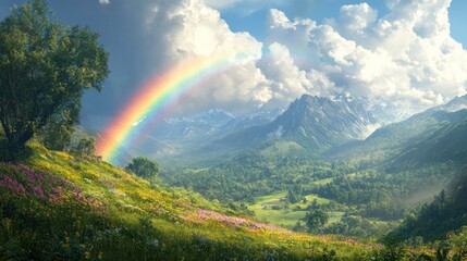 A vibrant rainbow arches over lush green mountains and wildflowers after a rain shower.