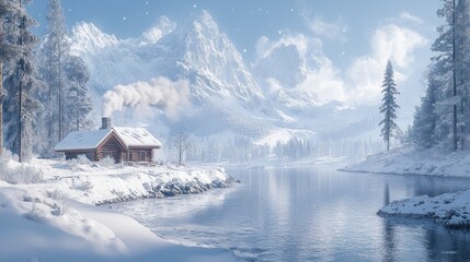 A cozy wooden cabin sits on the edge of a frozen lake in a snowy mountain landscape. Smoke rises from its chimney, adding warmth to the scene.