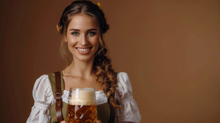 Smiling attractive woman in beer fest costume, wearing a green dirndl, holding large glass of beer, solid brown background	