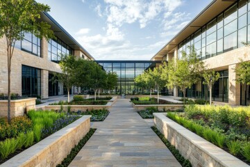 Obraz premium Modern Courtyard With Landscaped Gardens And Contemporary Architecture