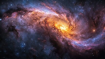 Fototapeta premium A vibrant spiral galaxy with swirling arms of gas and dust, illuminated by a bright core.