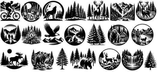 Forest Landscape SVG, Mountain Waterfall SVG, Pine tree SVG, Deer SVG, Wolf Howling SVG, Moose SVG, Bear SVG, Camping SVG, Mountain River SVG, Forest Landscape Bundle, Set, Silhouette, PNG, JPG