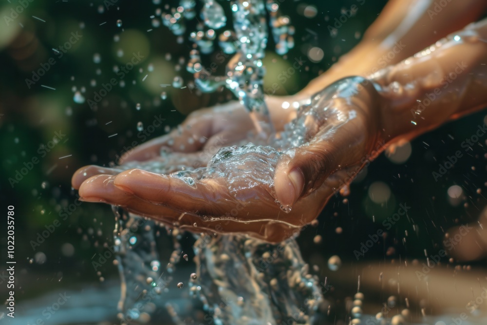 Aufkleber Hands are being thoroughly washed under a steady stream of clean water amidst a lush, vibrant background during the day. Generative AI