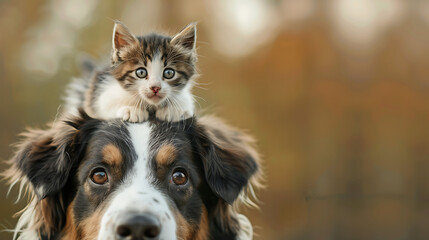 a small kitten sitting on top of a dog's head. The dog has a white and brown coat, and the kitten has a mix of white, brown, and black fur