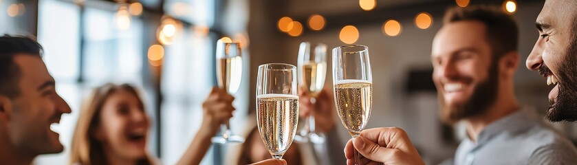 Group of friends celebrating with champagne in a cozy setting, toasting and smiling, festive atmosphere and warm lighting.