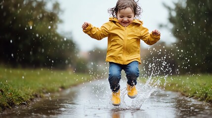 Happy child in yellow raincoat jumping in puddle on rainy day, embracing outdoor fun and nature's joy.