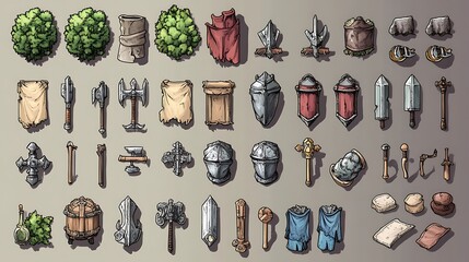 Medieval RPG Game Assets,  Weapons, Armor, and Items, Top Down View