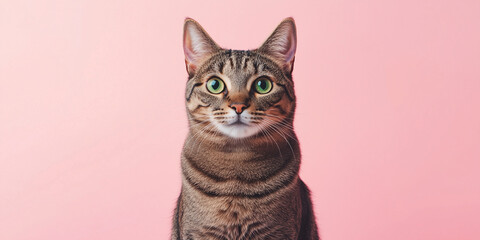 Obraz premium Cool tabby cat on a plain pink background, free space for text, sale. Cool realistic ad. Domestic animal services promotion. Cool tabby cat on a plain pink background, free space for text, sale.