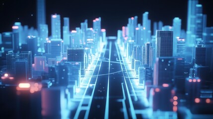 A glowing neon city skyline with a road in the foreground, representing a futuristic and digital concept.