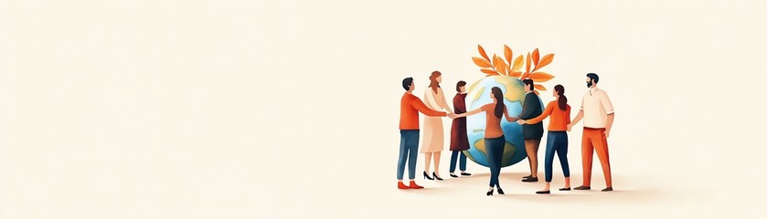 Fototapeta premium People from diverse backgrounds joining hands around a globe with a plant, symbolizing global unity, cooperation, and environmental awareness.