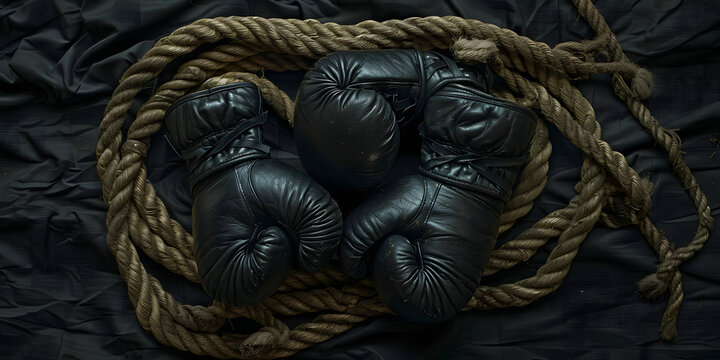 Luvas de boxe repousando sobre uma corda de ringue de madeira