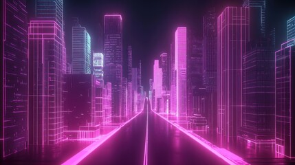 Fototapeta premium A futuristic city skyline with neon lights and glowing buildings in the night.