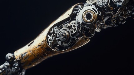 A close-up of a mechanical arm featuring intricate gears and a blend of metal textures, highlighting the fusion of technology and artistry.